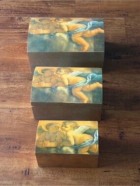 Cherub Angel Nesting Wood Boxes Set of 3 Decorative Stacking Storage Trunks VTG